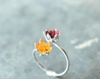 Unique Citrine and Ruby Ring, Lotus Flower and Sterling Cuff Ring, Uncut Gemstone Engagement Ring, Custom Mothers Ring Children's Birthstone