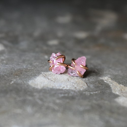 Tiny Crystal in 14K Rose Gold Fill Studs, Pink Tourmaline Crystal Earrings, Raw Rough Pink shops Crystal and Gold Jewelry