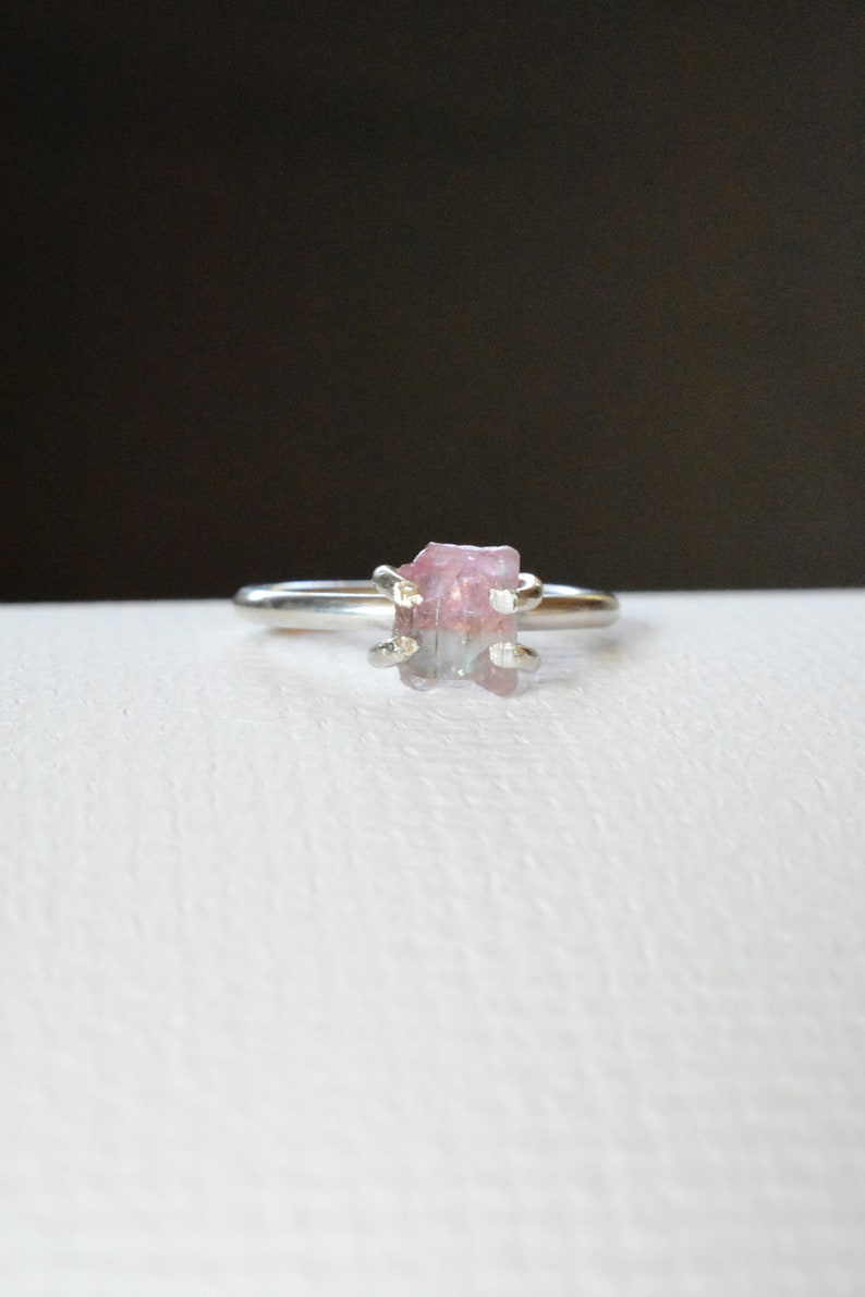 Watermelon Tourmaline Crystal Ring 7 Sterling Silver With Pink and Green Gemstone Crystal Anniversary Theme Prong Stacking Ring Design