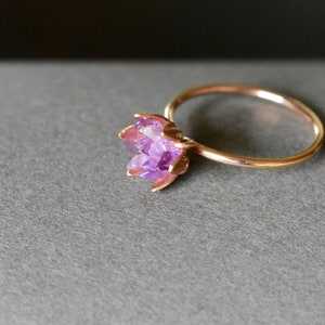 Unique Amethyst Ring, Lotus Flower Ring in Rose Gold, Uncut Gemstone Birthstone Ring, Raw Rough Amethyst Jewelry, January Birthstone Ring image 3