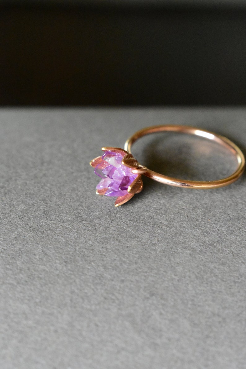 Unique Amethyst Ring, Lotus Flower Ring in Rose Gold, Uncut Gemstone Birthstone Ring, Raw Rough Amethyst Jewelry, January Birthstone Ring image 3