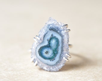 Crystal and Fine Silver Cocktail Ring, Crystal Slice in White Amethyst & Turquoise, Celestial Crystal Statement Jewelry, Ready to Ship Ring