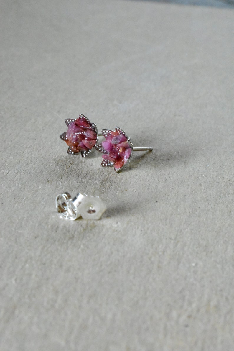 Ruby Earrings, Raw Ruby Studs in my Lotus Flower Design, July Birthstone Jewelry in Silver, Red Gem 1st Root Chakra Jewelry, Petite Studs image 4