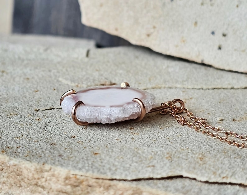 Unique Blush Pink Jewelry, White Pink Quartz Crystal Pendant Necklace in 14K Rose Gold Fill, Pastel Jewelry, Solar Quartz Slice, Christmas image 5