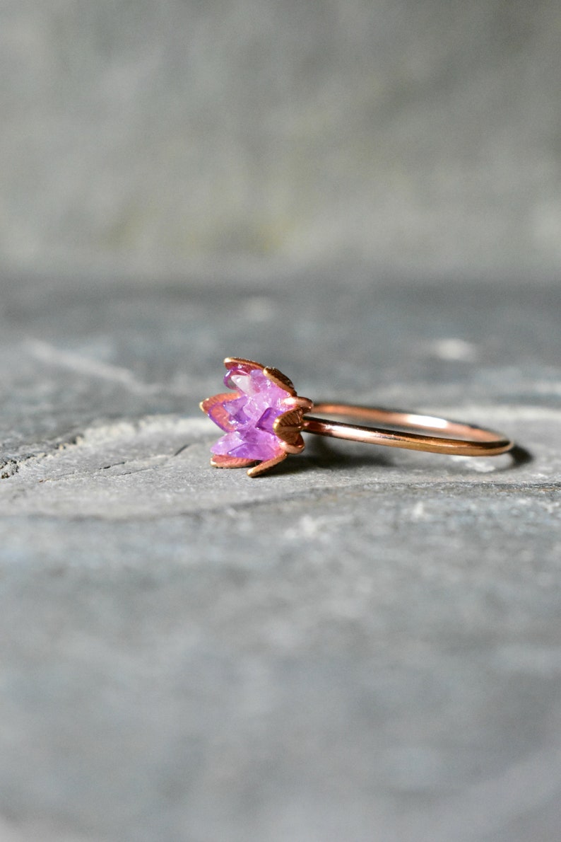Unique Amethyst Ring, Lotus Flower Ring in Rose Gold, Uncut Gemstone Birthstone Ring, Raw Rough Amethyst Jewelry, January Birthstone Ring image 1