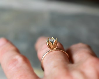 Authentic Diamond and Gold Ring, Unique Unusual Raw Diamond Pipes, Lotus or Tulip Flower Ring, Uncommon Diamond Wedding Day Gift for Wife