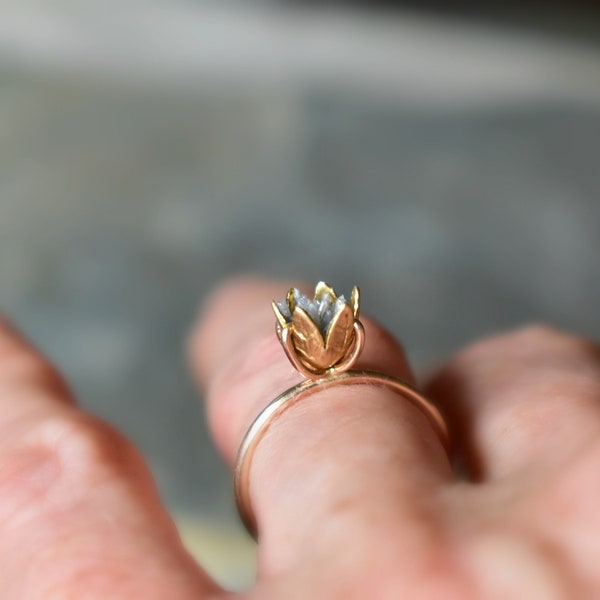 Authentic Diamond and Gold Ring, Unique Unusual Raw Diamond Pipes, Lotus or Tulip Flower Ring, Uncommon Diamond Wedding Day Gift for Wife