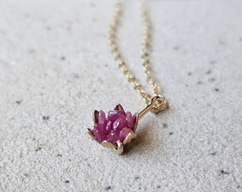 Ruby and Yellow Gold Fill Necklace, Flower Pendant in Gold, Lotus Flower Jewelry for Women, Unique One of a Kind Jewelry, Christmas Red