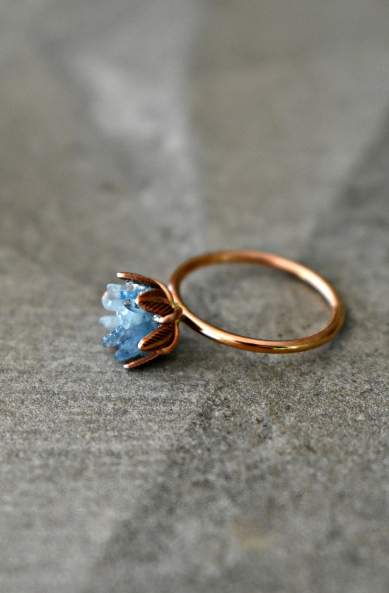 Unique Aquamarine Ring, Lotus Flower Ring in Pink Gold, Uncut Gemstone Birthstone Ring, Raw Rough Aquamarine Jewelry, March Birthstone Ring image 4