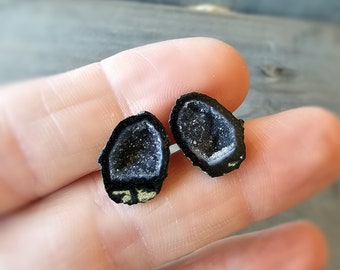 Raw Black Geode Earrings, Rough Dark Crystal Studs, Druzy and 14K Gold Fill, Tiny Raw Crystal Jewelry, Celestial Jewelry for a Birthday Gift