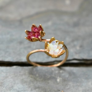 Unique Opal Ring, Lotus Flower Ring & Yellow Gold, Uncut Gemstone Engagement Ring, Red and Pink Rose Floral Ring Women, Custom Mothers Ring image 2