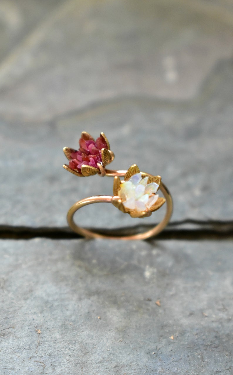 Unique Opal Ring, Lotus Flower Ring & Yellow Gold, Uncut Gemstone Engagement Ring, Red and Pink Rose Floral Ring Women, Custom Mothers Ring image 2