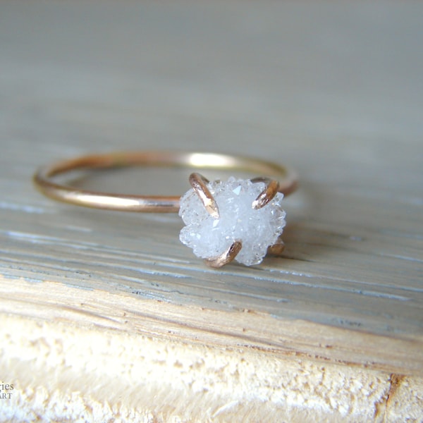 Raw Crystal Ring, Rough Stone Ring, RARE Snow White Crystal Ball & Gold, White Valentines Gift for Wife, Bridal Accessories, Daughters Bday