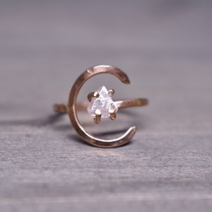 Crescent Moon and Pink Trillion Diamond Ring, Rose Gold* Half Moon Phase Jewelry, Lunar Celestial Ring & Rough Fancy Diamond Open Cuff Ring