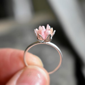 Unique Rhodochrosite Ring, Pink and Silver Jewelry, Pink Crystal Engagement Ring, Lotus Flower Ring in Silver, Rough Gemstone Jewelry