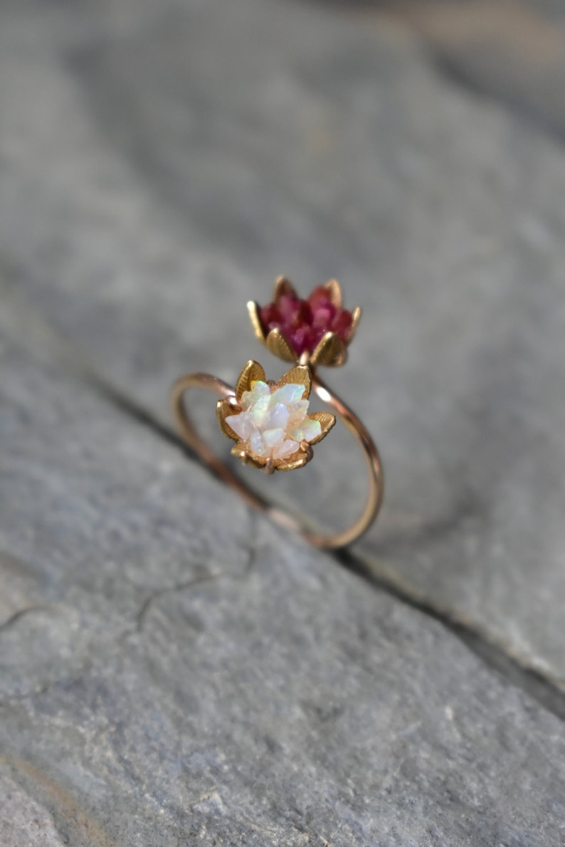 Unique Opal Ring, Lotus Flower Ring & Yellow Gold, Uncut Gemstone Engagement Ring, Red and Pink Rose Floral Ring Women, Custom Mothers Ring image 3