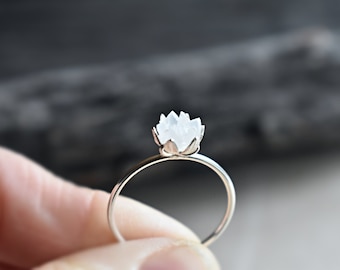 White Moonstone Floral Ring, Lotus Flower Ring in Fine Sterling Silver, Rough Gem Ring, Raw Rainbow Moonstone Goddess Jewelry