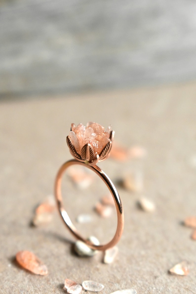 Unique Peach Moonstone Ring, Lotus Flower Ring in 14K Rose Gold Fill, Uncut Gem Engagement Ring, Raw Rough Peach Moonstone Jewelry for Women 