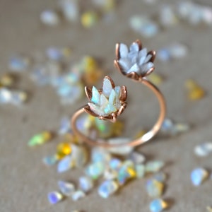 Valentines Day, Unique Opal Ring in 14K Rose Gold, Best Multiple Gemstone Engagement Ring, Double Lotus Flower Cuff Ring,Custom Mothers Ring