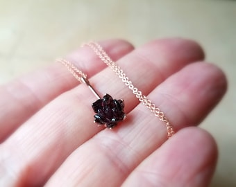 Garnet and 14K Rose Gold Necklace, Floral Pendant in Pink Gold, Lotus Flower Jewelry for Women, One of a Kind Unique Bridesmaids Birthstone