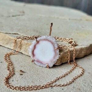 Unique Blush Pink Jewelry, White Pink Quartz Crystal Pendant Necklace in 14K Rose Gold Fill, Pastel Jewelry, Solar Quartz Slice, Christmas image 4