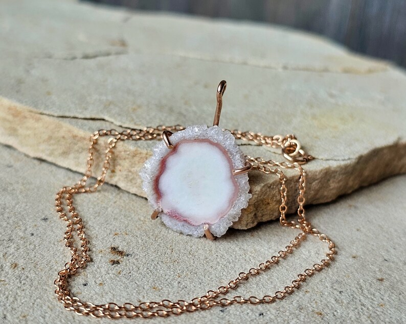 Unique Blush Pink Jewelry, White Pink Quartz Crystal Pendant Necklace in 14K Rose Gold Fill, Pastel Jewelry, Solar Quartz Slice, Christmas image 4