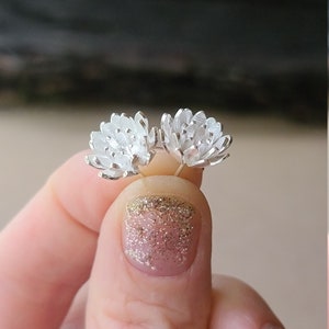 Blooming Flower Earrings in Sterling Silver, Lotus Flower Studs From Gemologies