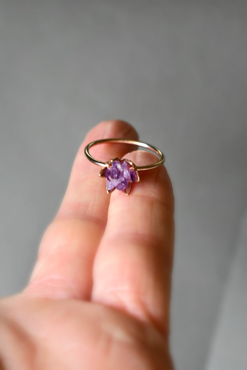 Unique Amethyst Ring, Lotus Flower Ring in Rose Gold, Uncut Gemstone Birthstone Ring, Raw Rough Amethyst Jewelry, January Birthstone Ring image 2