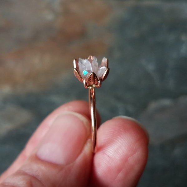 Angel Aura Crystal and Rose Gold Ring, Lotus Flower Jewelry, Crystal Point Floral Ring, Unique Gift for Sister, Just Because Gift, Any Size