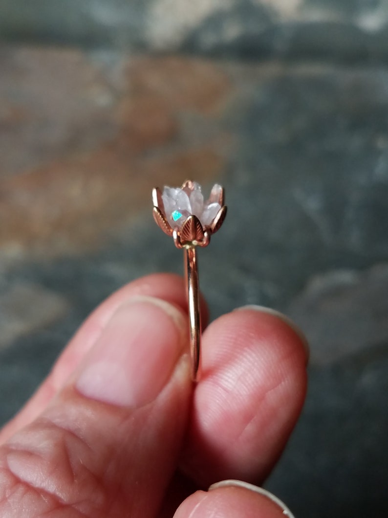 Angel Aura Crystal and Rose Gold Ring, Lotus Flower Jewelry, Crystal Point Floral Ring, Unique Gift for Sister, Just Because Gift, Any Size 