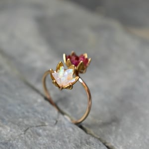 Unique Opal Ring, Lotus Flower Ring & Yellow Gold, Uncut Gemstone Engagement Ring, Red and Pink Rose Floral Ring Women, Custom Mothers Ring image 4