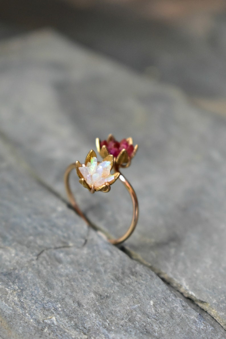 Unique Opal Ring, Lotus Flower Ring & Yellow Gold, Uncut Gemstone Engagement Ring, Red and Pink Rose Floral Ring Women, Custom Mothers Ring image 4