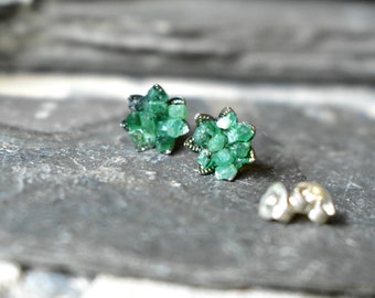 Emerald Stud Earrings, Taurus Stone Earring, Raw Rough Emerald Lotus Flower Jewelry, Rough Green Gemstone and Silver, May Birthstone Studs