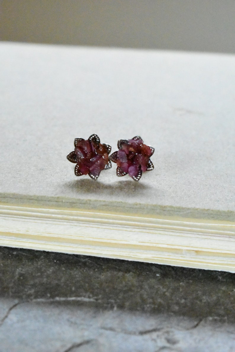 Ruby Earrings, Raw Ruby Studs in my Lotus Flower Design, July Birthstone Jewelry in Silver, Red Gem 1st Root Chakra Jewelry, Petite Studs image 3