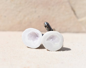 Raw White Geode Cufflinks, Unique Fathers Day Gift, Round White Groom Cuff Links, Father of the Bride Gift, Graphite Grey Cufflink Hardware