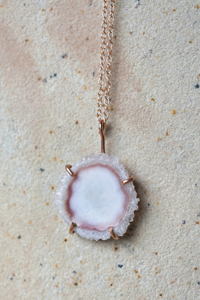 Unique Blush Pink Jewelry, White Pink Quartz Crystal Pendant Necklace in 14K Rose Gold Fill, Pastel Jewelry, Solar Quartz Slice, Christmas image 2