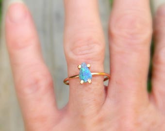 Large Blue Opal Ring, Blue Zodiac Jewelry, Rough Opal is an October Birthstone, Fire Opal Gemstone, Promise Ring in Gold and Opal, Size 7.5