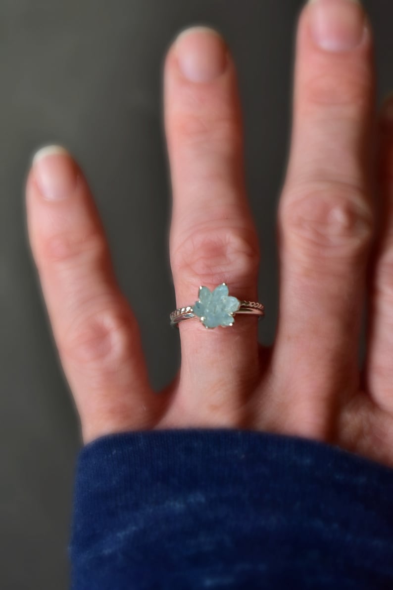 Unique Aquamarine Ring, Lotus Flower Ring in Pink Gold, Uncut Gemstone Birthstone Ring, Raw Rough Aquamarine Jewelry, March Birthstone Ring image 10