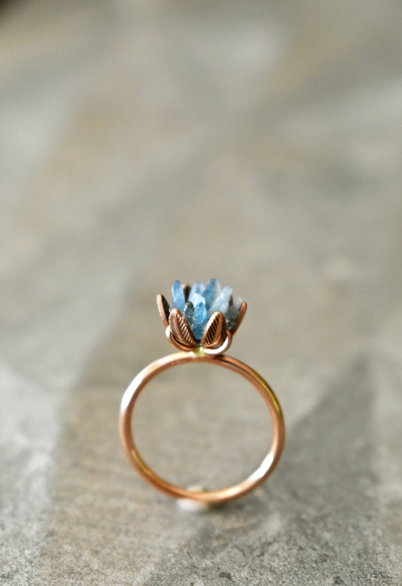 Unique Aquamarine Ring, Lotus Flower Ring in Pink Gold, Uncut Gemstone Birthstone Ring, Raw Rough Aquamarine Jewelry, March Birthstone Ring image 3