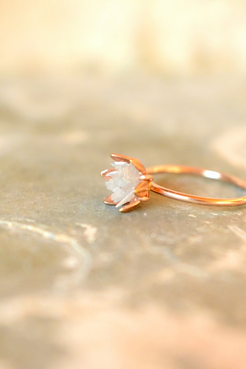 Unique Diamond and 14k Gold Fill Ring, The Best Birthday Ring, Lotus Flower Ring in Rose Gold, Raw Diamond Jewelry, April Birthstone Ring image 4