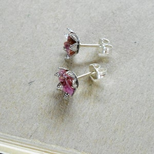 Ruby Earrings, Raw Ruby Studs in my Lotus Flower Design, July Birthstone Jewelry in Silver, Red Gem 1st Root Chakra Jewelry, Petite Studs image 2