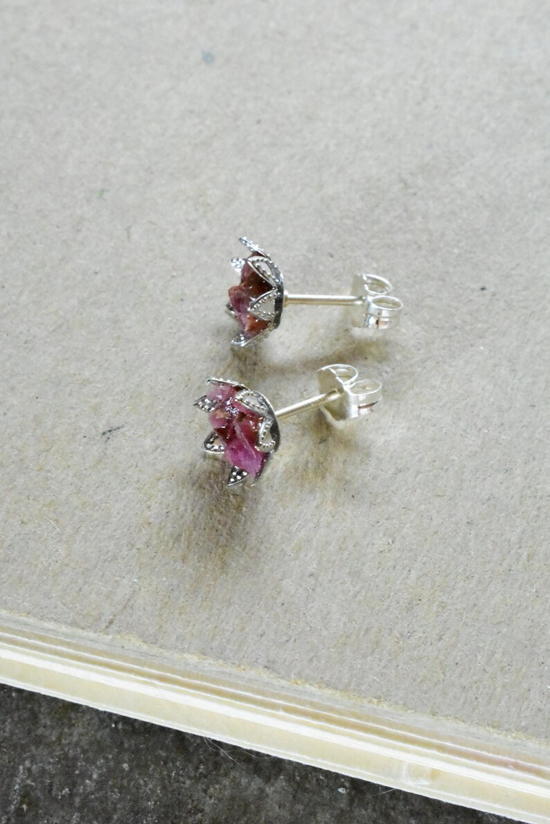 Ruby Earrings, Raw Ruby Studs in my Lotus Flower Design, July Birthstone Jewelry in Silver, Red Gem 1st Root Chakra Jewelry, Petite Studs image 2