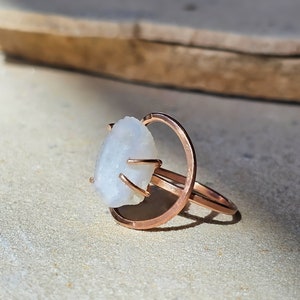 April Birthday White Crescent Moon & Halo, White Geode 14K Rose Gold Fill Ring, Rough Geode Crystal, Unique One of a Kind Cuff Jewelry image 4