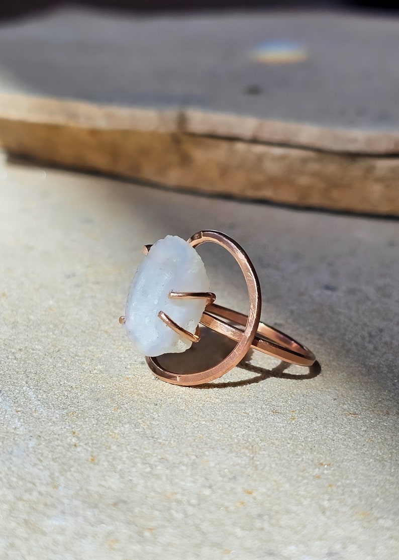 April Birthday White Crescent Moon & Halo, White Geode 14K Rose Gold Fill Ring, Rough Geode Crystal, Unique One of a Kind Cuff Jewelry image 4