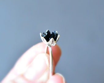 Black Tourmaline Ring, Multiple Stone Jewelry in Sterling Silver, Lotus Flower Ring Trending on Etsy, BOHO, Modern Crystal Valentines Ring