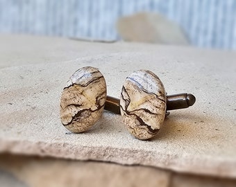 Fossil Stone Cufflinks, Picture Jasper Sandstone Cabochon Pair, Gift for Geologist, Beach Wedding Cufflinks for the Groom, Stone Anniversary