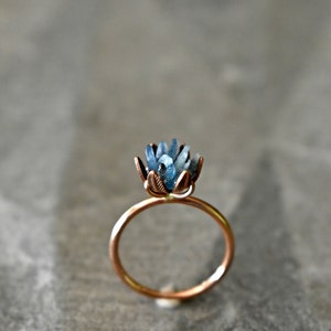 Unique Aquamarine Ring, Lotus Flower Ring in Pink Gold, Uncut Gemstone Birthstone Ring, Raw Rough Aquamarine Jewelry, March Birthstone Ring image 6