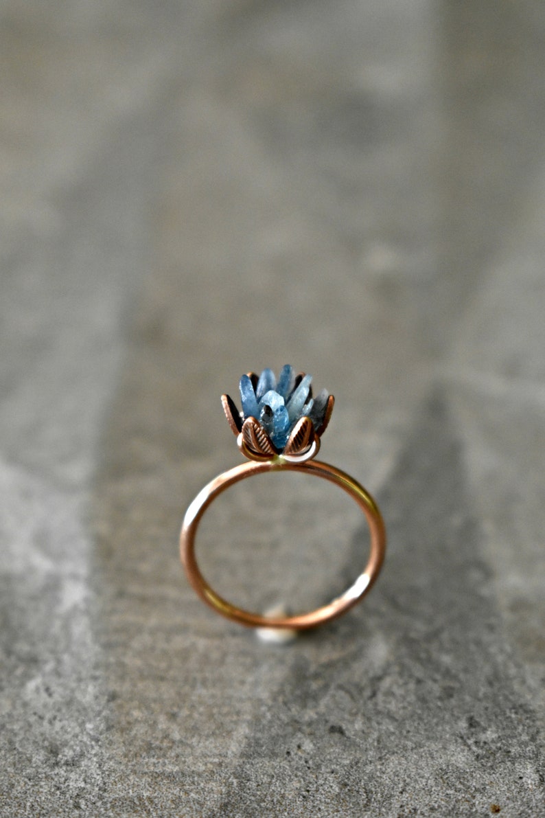 Unique Aquamarine Ring, Lotus Flower Ring in Pink Gold, Uncut Gemstone Birthstone Ring, Raw Rough Aquamarine Jewelry, March Birthstone Ring image 6
