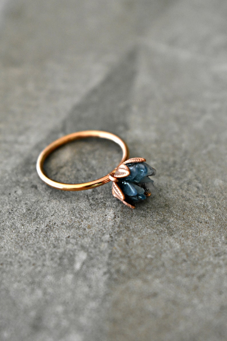 Unique Aquamarine Ring, Lotus Flower Ring in Pink Gold, Uncut Gemstone Birthstone Ring, Raw Rough Aquamarine Jewelry, March Birthstone Ring image 8