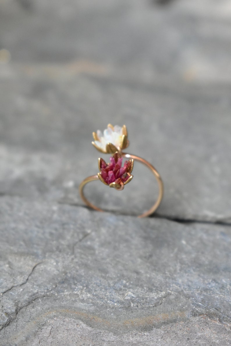 Unique Opal Ring, Lotus Flower Ring & Yellow Gold, Uncut Gemstone Engagement Ring, Red and Pink Rose Floral Ring Women, Custom Mothers Ring image 5